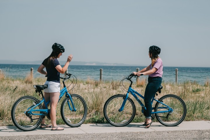 a group of people riding on the back of a bicycle
