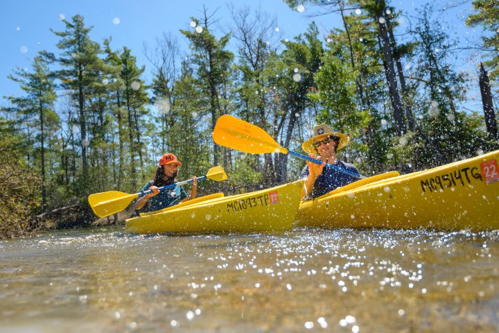 Two people kayaking in yellow kayaks with water splashing, surrounded by trees under a blue sky.