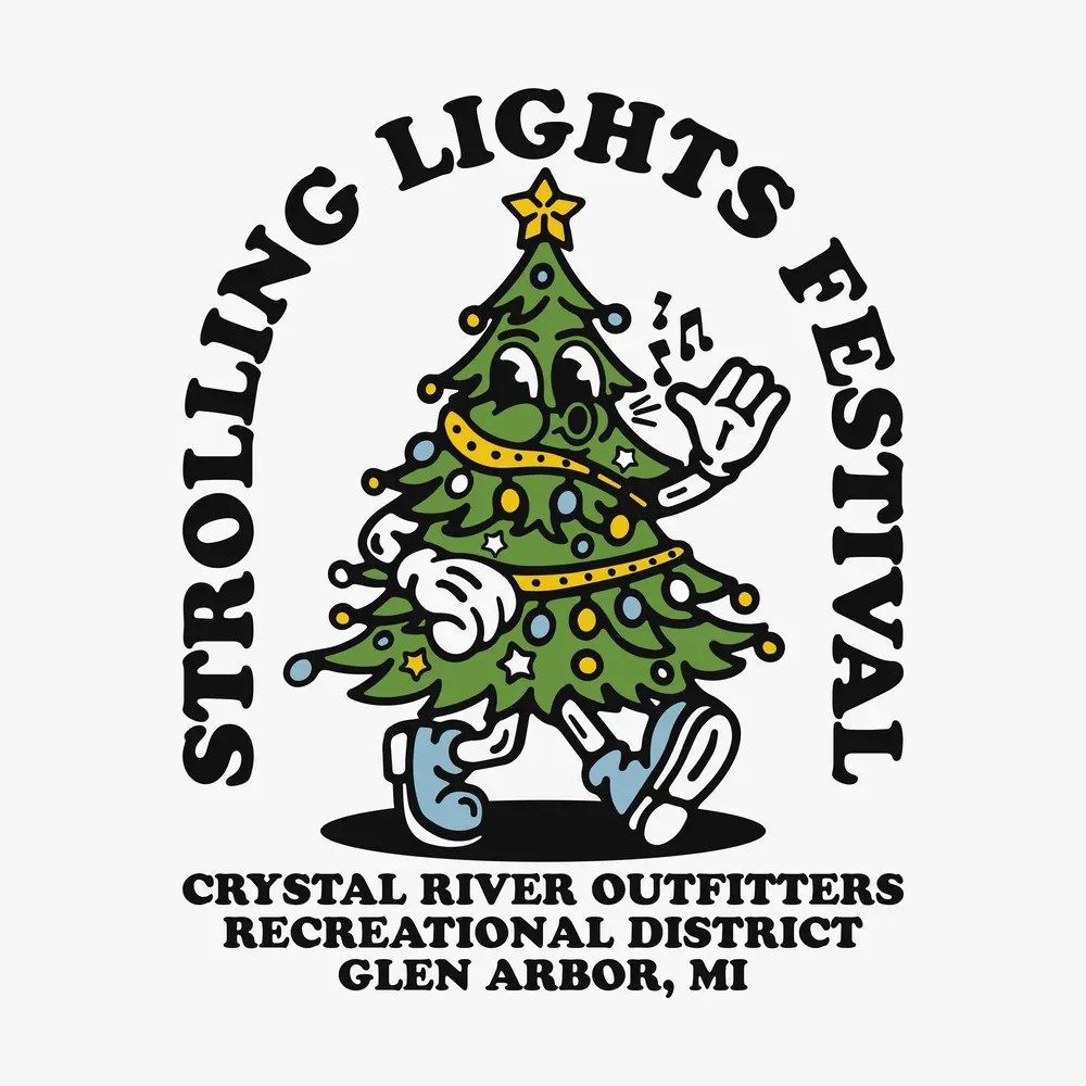 Cartoon Christmas tree with face and arms, text 'Strolling Lights Festival' and location details in black.