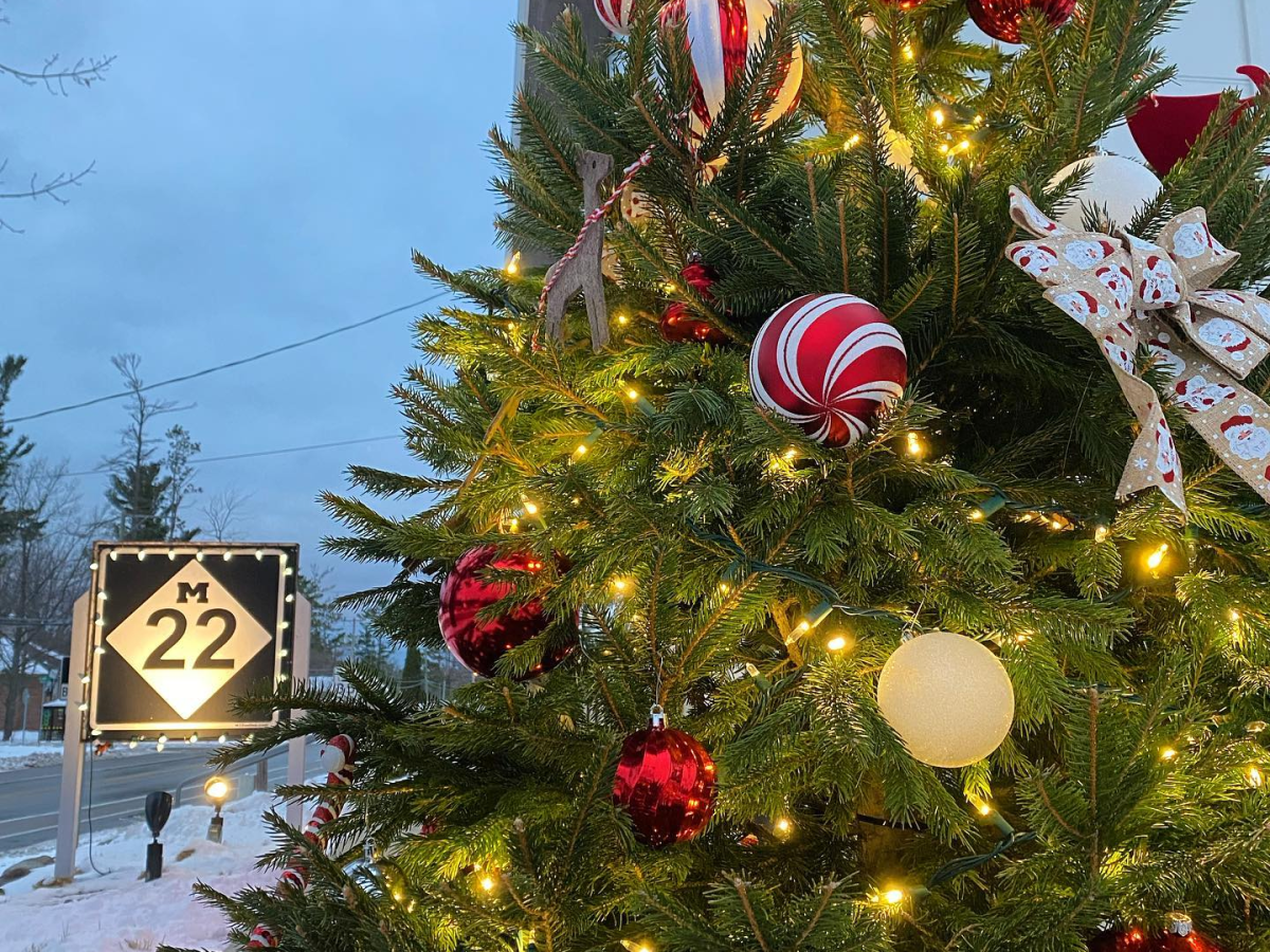 Decorated Christmas tree with lights and ornaments, road sign in snowy urban setting.