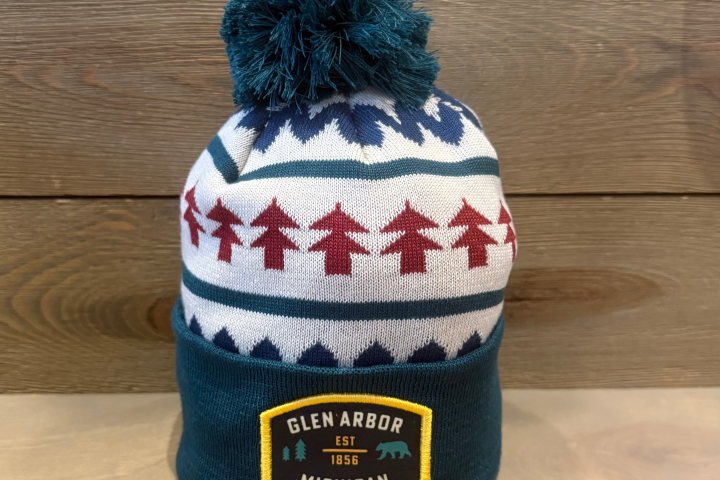 Knit hat with tree pattern and 'Glen Arbor Michigan' patch.