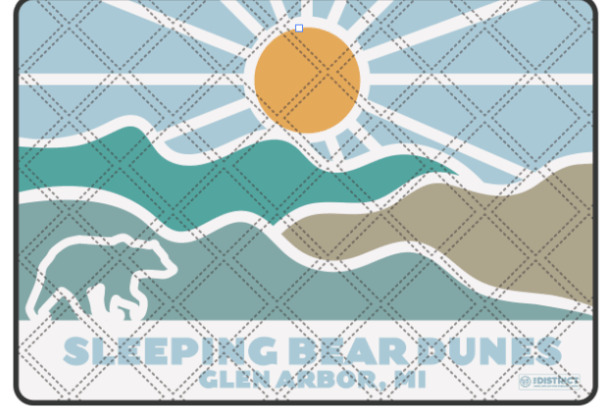 Illustrated landscape with a bear, dunes, sun, and text: 'Sleeping Bear Dunes, Glen Arbor, MI'.
