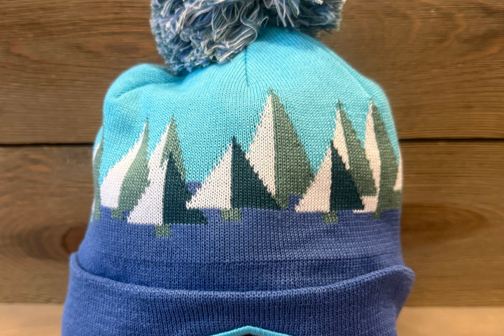 Blue beanie with tree pattern, pom-pom, and 'Take a Hike' patch against a wooden background.