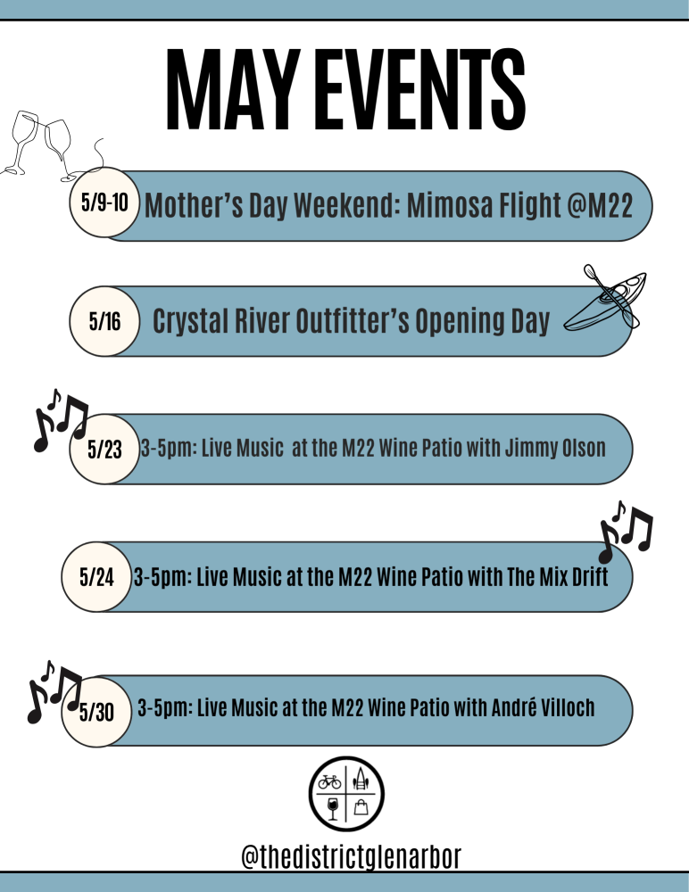 May event schedule with music notes and activity icons.