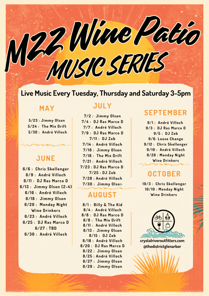 Poster for M22 Wine Patio Music Series with event dates and performers listed for May to October.