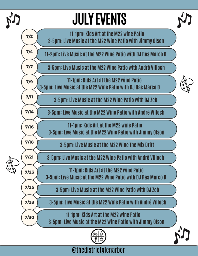 July calendar with events and music at M22 Wine Patio, featuring various artists and activities.