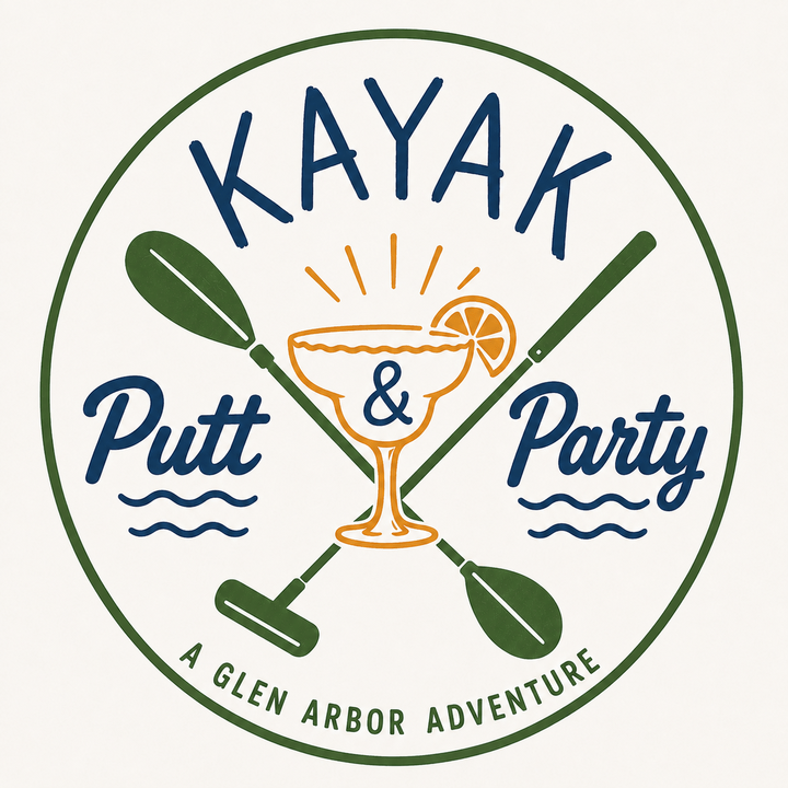 Logo with kayak paddles, a cocktail, text 'Kayak & Putt Party'.