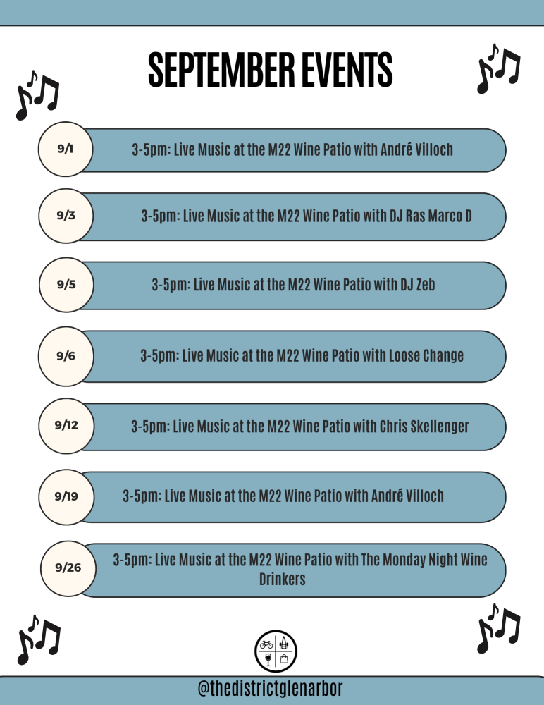 September events schedule with live music at M22 Wine Patio.